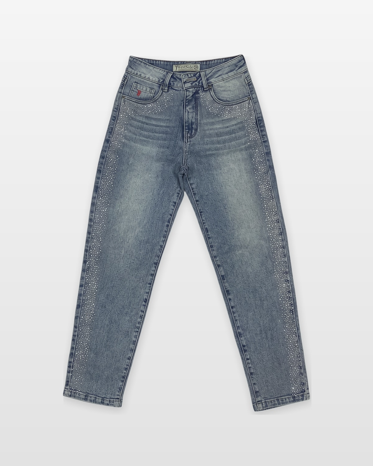 PANTALON MOM FIT BRILLOS FRANJAS · Celeste